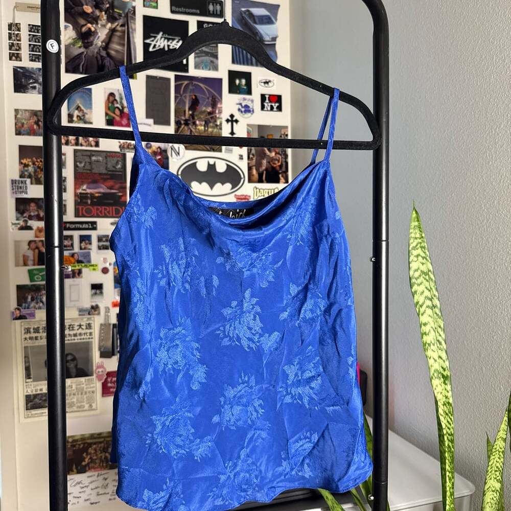 Vintage Royal Blue Satin Dress Top With Floral Patterns Size M